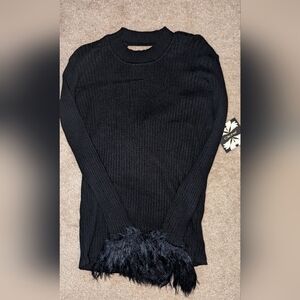 NWT, Black, feather fringed long sleeve, scoop back sweater- women's size large